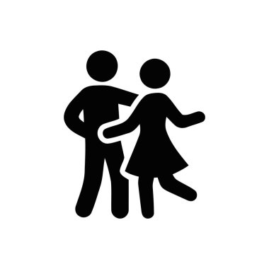 Dans eden bir çift ikonu beyaz arka planda neşeli pozlar veren bir erkek ve kadını resmediyor.