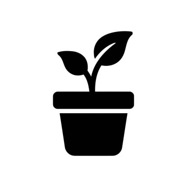 Bir çömlekte iki yaprak büyüyen, beyaz arka planda minimalist siyah bir siluet.