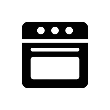 Fırın simgesi, bir ev aletini temsil eden beyaz arka planda basit bir siyah grafik tasarımı içerir.