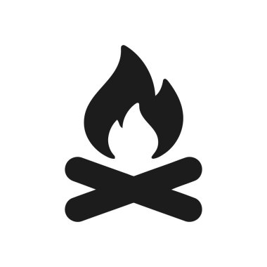 Kamp ateşi simgesi dış mekan eğlencesi ve sıcaklığını temsil eden stilize edilmiş bir alevin altında çaprazlanmış kütükler oluşturur