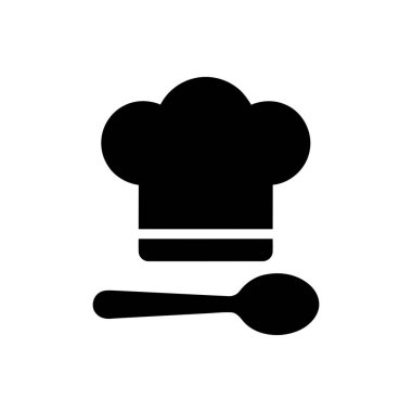 Aşçı şapkası ve kaşık siyah siluet beyaz arka planda aşçılık ve yemek hazırlıklarını gösteriyor.