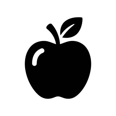 Elma meyvesi silueti, sade bir yaprak ve sapla birlikte sağlıklı beslenme ve taze üretimi temsil eden basit bir tasarım içerir.