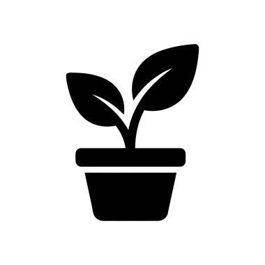 Plant in a simple black and white graphic icon of a small potted plant with two leaves illustrating growth and nature