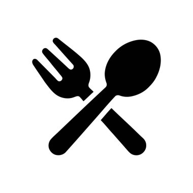 Çatal ve kaşık ikonu yemek servisi için yemek takımlarını ve yemek takımlarını temsil ediyor. Beyaz üzerine basit siyah grafik.