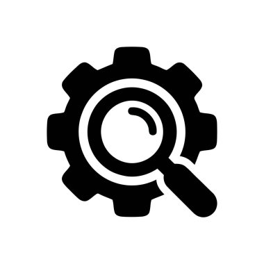 Arama ayarları simgesi teknik analiz ve sistem optimizasyonu için bir dişli sembolü üzerinde bir büyüteç gösteriyor