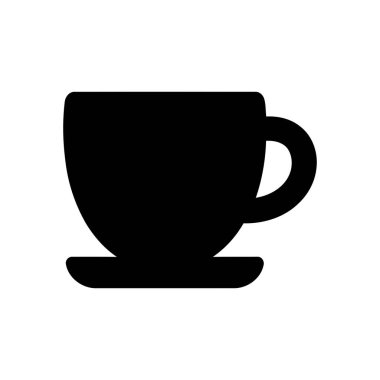 Kahve fincanı silueti grafik simgesi, bir fincan tabağı üzerinde minimalist bir tasarım, sıcak bir içeceği temsil ediyor.