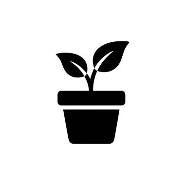 Basit bir siyah grafik simgesi olarak sunulan yeni büyümeyi gösteren bir kabın içindeki bitki