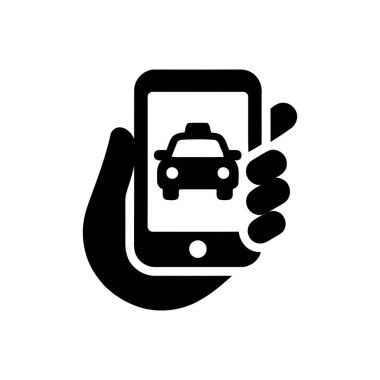 Taksi servisi uygulama simgesi, kullanışlı sürüş rezervasyonu için insan eliyle tutulan bir cep telefonu ekranında görüntülenir