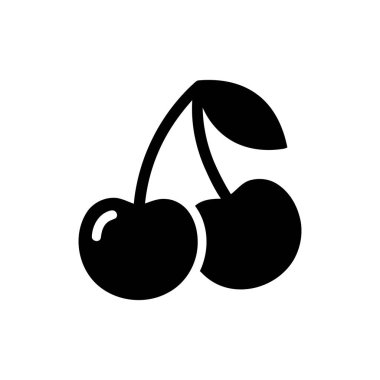 Kiraz rengi siluet, iki lezzetli kırmızı meyvenin bir gövde ve tek bir yaprak ile bağlandığı basit bir grafik tasarımı.