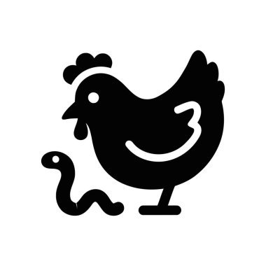 Tavuk silueti, basit bir grafik tasarımı sergileyen kıvrılan bir solucanın yanında duruyor. Bu hayvan ikonu çiftlik hayatını ve doğayı temsil ediyor.