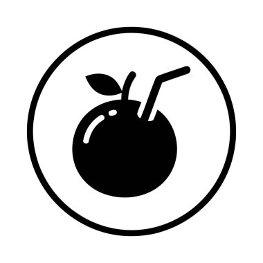 Portakal suyu basit bir ikon tarzında içilir. Beyaz, siyah, yuvarlak bir çizgi içinde bir kamış ve bir yaprak bulunur.