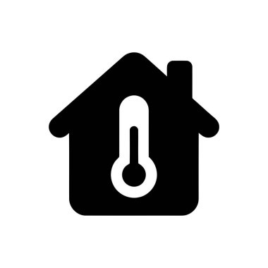 Bir ev silueti ve akıllı iklim yönetimi ve konforu temsil eden bir termometre içeren ev sıcaklığı kontrol simgesi