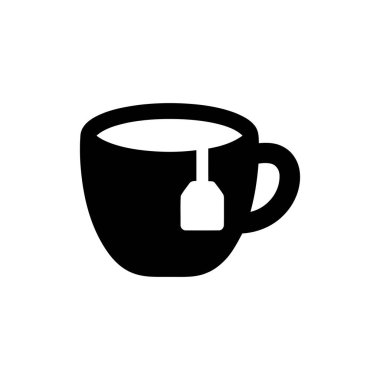 Çay poşeti ile çay fincanı. Sıcak bir içecek. Basit siyah grafik ikonu tasarımı.