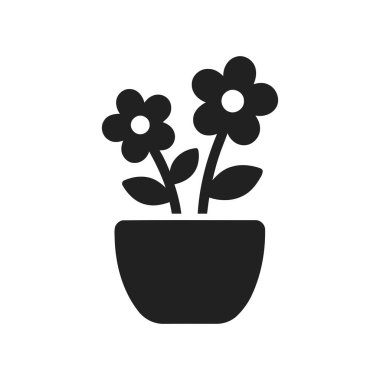 Bir saksının içindeki çiçek bitkisinin içinde iki stilize çiçek açan şekil ve yapraklar var.