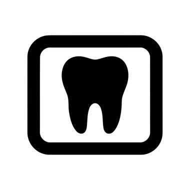 Minimalist kare çerçevede siyah bir siluet olarak sunulan diş ikonu bu basit grafik dişçiliği ve ağız sağlığı kavramını temsil ediyor