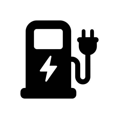 Elektrikli araç şarj istasyonu simgesi, bir yıldırım ve elektrik prizi ile arabalar için sürdürülebilir enerjiyi temsil ediyor.