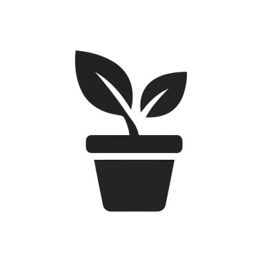 Temiz bir minimalist grafik çizimi olarak resmedilmiş bir tencerede büyüyen iki yapraklı bitki.