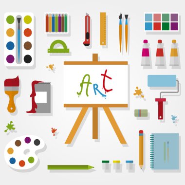 Gri arka plan üzerinde düz stil sanat aksesuarları