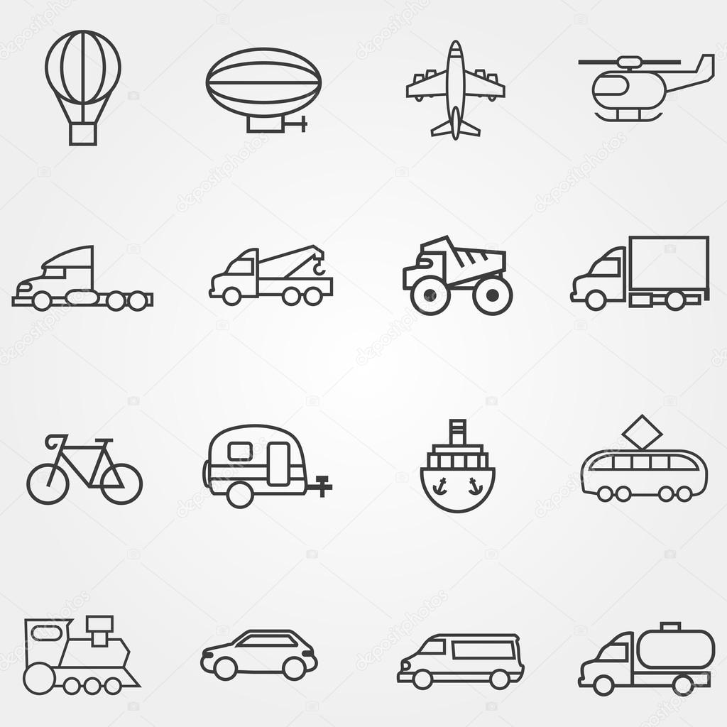 Icons of different types transport with lines