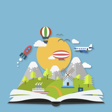 Hayal gücü kavramı açık kitap roket ve bulutlar
