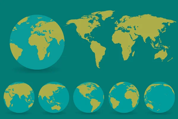 Reeks van globes met verschillende continenten en een kaart-aarde — Stockvector