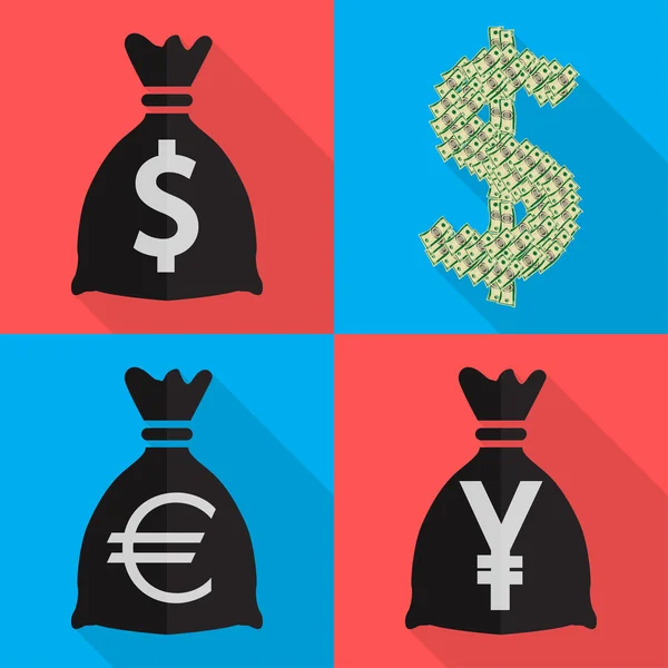 Fyra ikoner monetär valuta i platt på olika bakgrunder — Stock vektor