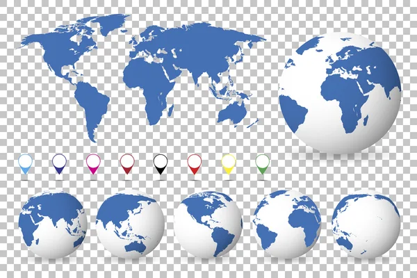 Conjunto de globos con diferentes continentes y un mapa tierra, fondo aislado — Archivo Imágenes Vectoriales