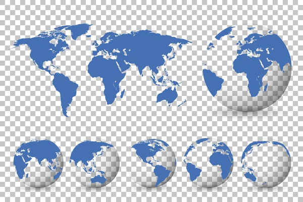 Ensemble de globes avec différents continents et une carte Terre — Image vectorielle