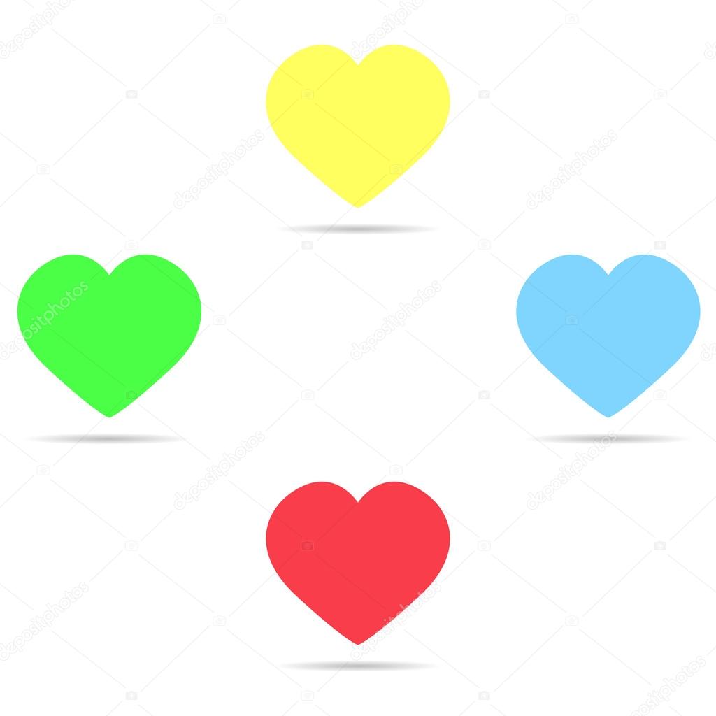 Set di cuori di icone colorate di giallo blu rosso e verde — Vettoriale