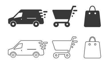 Çevrimiçi alışveriş vektörü izole koleksiyonu için torba, sepet, teslimat simgesi. Sevkiyat simgeleri hizada. Teslimat işaretleri kavramı. Çevrimiçi dükkan sembolü. Vektör illüstrasyonu