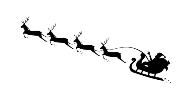 クリスマスのそりサンタは空を飛ぶ シルエットトナカイとそりサンタ ベクトル — ストックベクタ