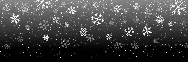 Schneefall Auf Schwarzem Hintergrund Schnee Schneefall Schneeflocken Verschiedenen Formen Und — Stockvektor