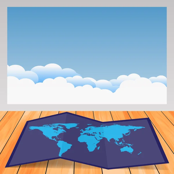 Mapa z cień, chmury, okno drewniane podłogi — Wektor stockowy