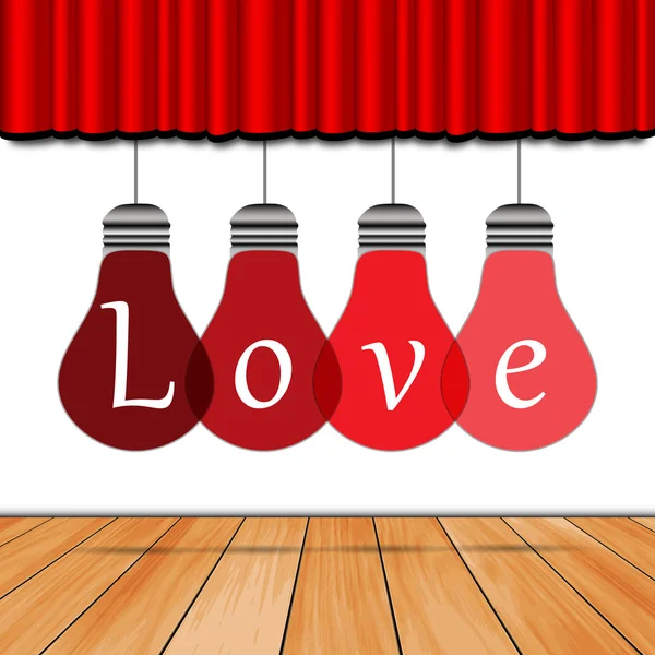 Любов у лампі, дерев'яна підлога, червона завіса — стоковий вектор