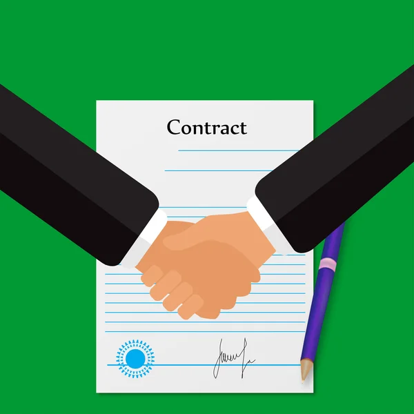 Firma del contrato, estrechando las manos sobre un fondo verde — Archivo Imágenes Vectoriales