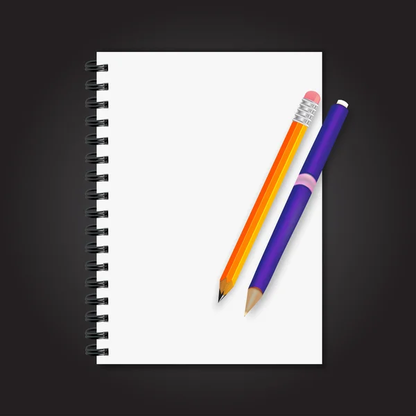 Cuaderno en él pluma y lápiz sobre un vector de fondo negro — Vector de stock