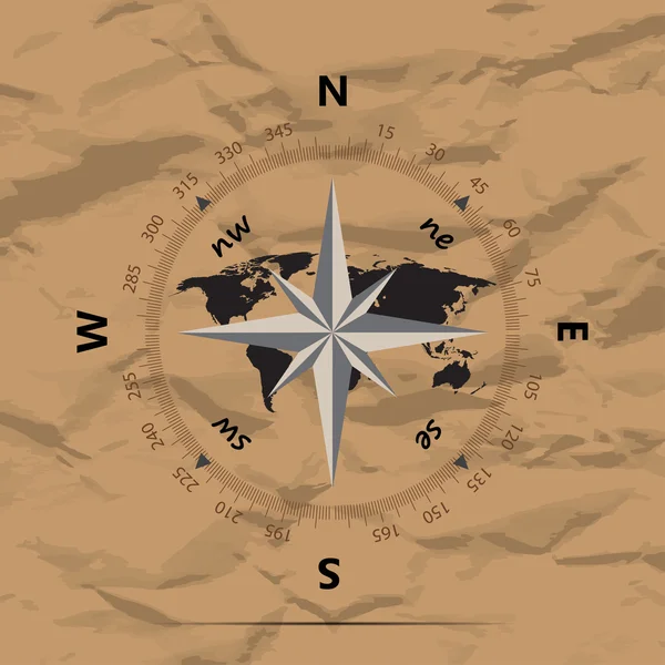 Kompass mit Erde auf einem Hintergrund zerknitterter Papiervektorillustration — Stockvektor