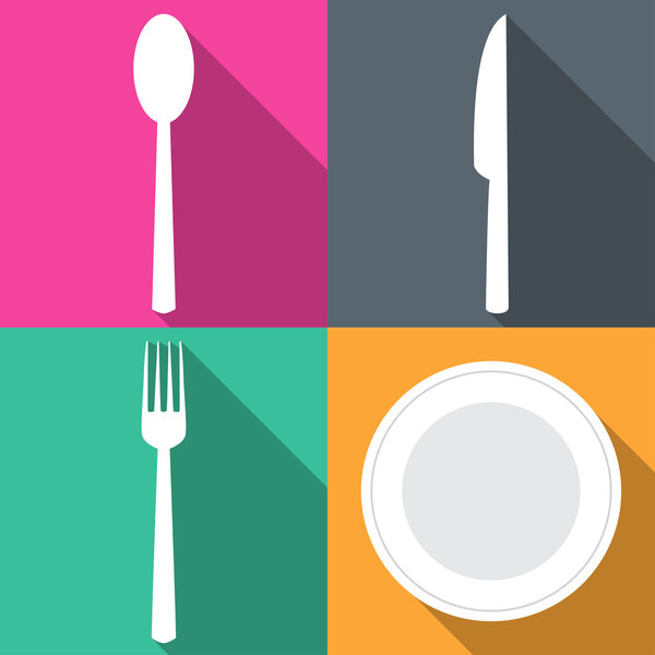 Четыре фона с обеденными принадлежностями на плоской векторной иллюстрации
