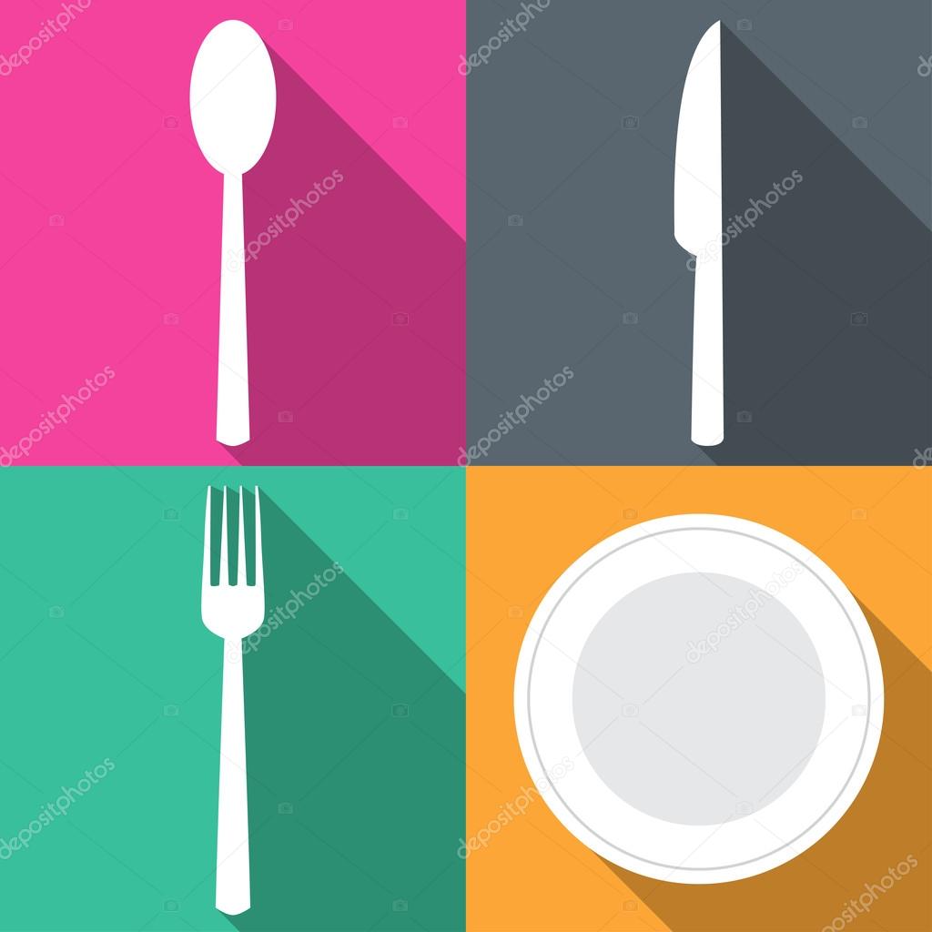 Four backgrounds with dining items in flat vector illustration