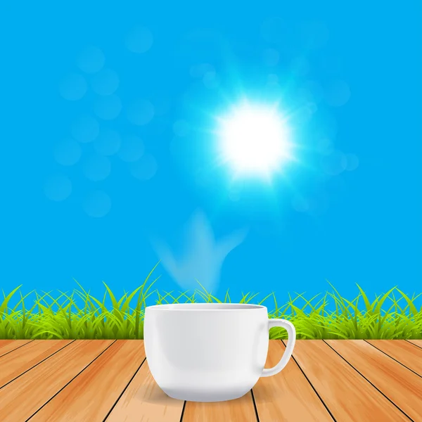 Dia ensolarado, uma xícara de café no quadro ilustração vetorial — Vetor de Stock