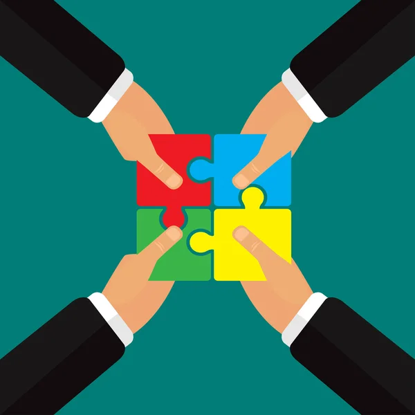 Hände setzen Puzzle zusammen, Teamwork Vektor Illustration — Stockvektor