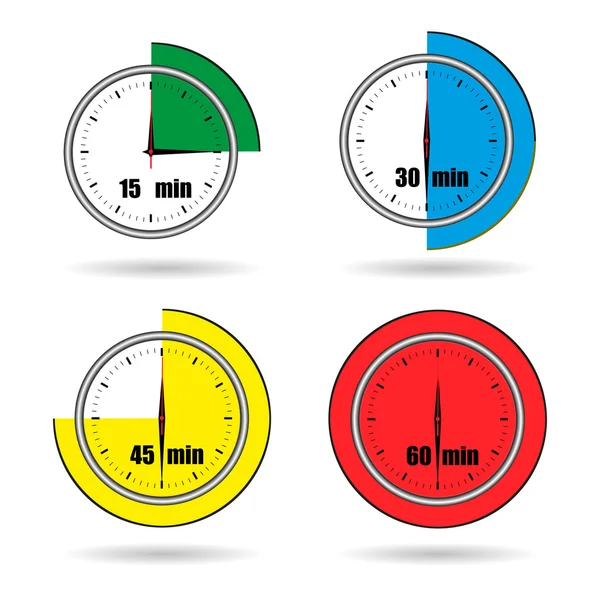 Clock icons stopwatch time from 15 minutes to 60 minutes vector — Stockvector