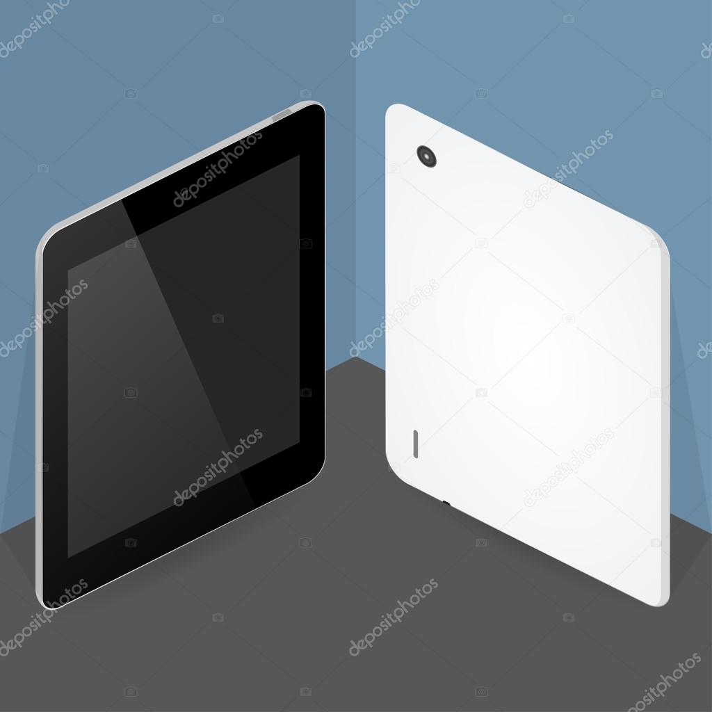 Tablet computer front back side isometric style flat