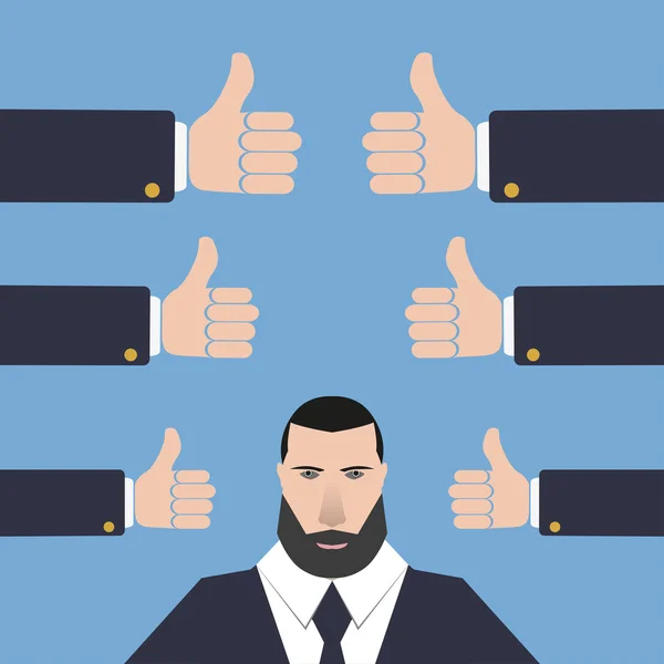 Sok üzletember kezekkel remek kék háttérrel — Stock Vector