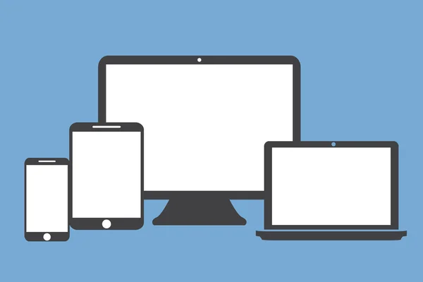 Tablet laptop obrazovky telefonu ploché styl na modrém pozadí — Stockový vektor
