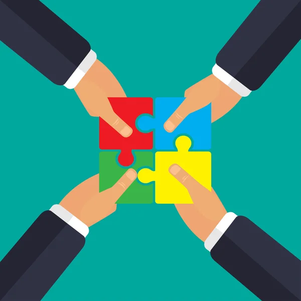 In den Händen von Puzzle-Teamwork vierhändig — Stockvektor