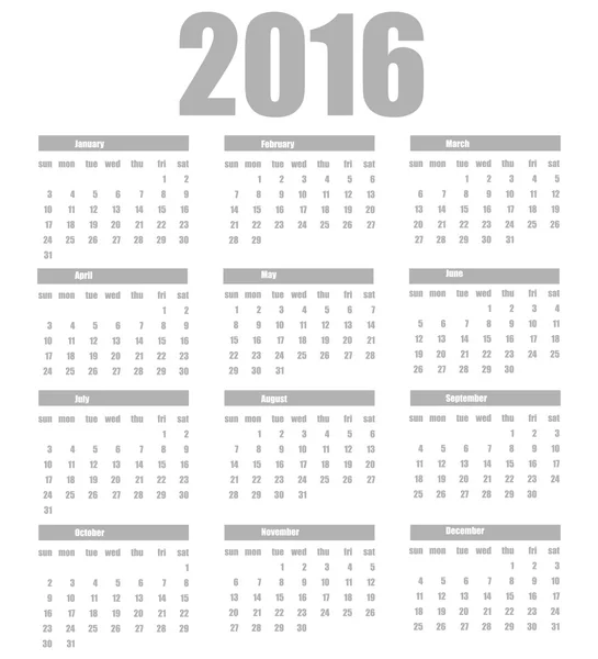 Šablona kalendáře 2016 na bílém pozadí — Stockový vektor