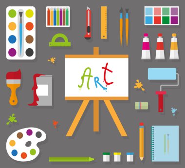 Gri arka plan üzerinde düz bir tarzda sanatçı aksesuarları