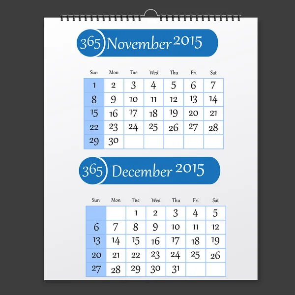 Календарь на ноябрь и декабрь 2015 года на сером фоне — стоковый вектор
