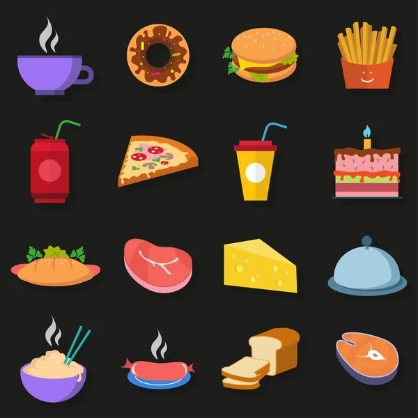 Ícones de comida em um fundo cinza escuro com sombra —  Vetores de Stock